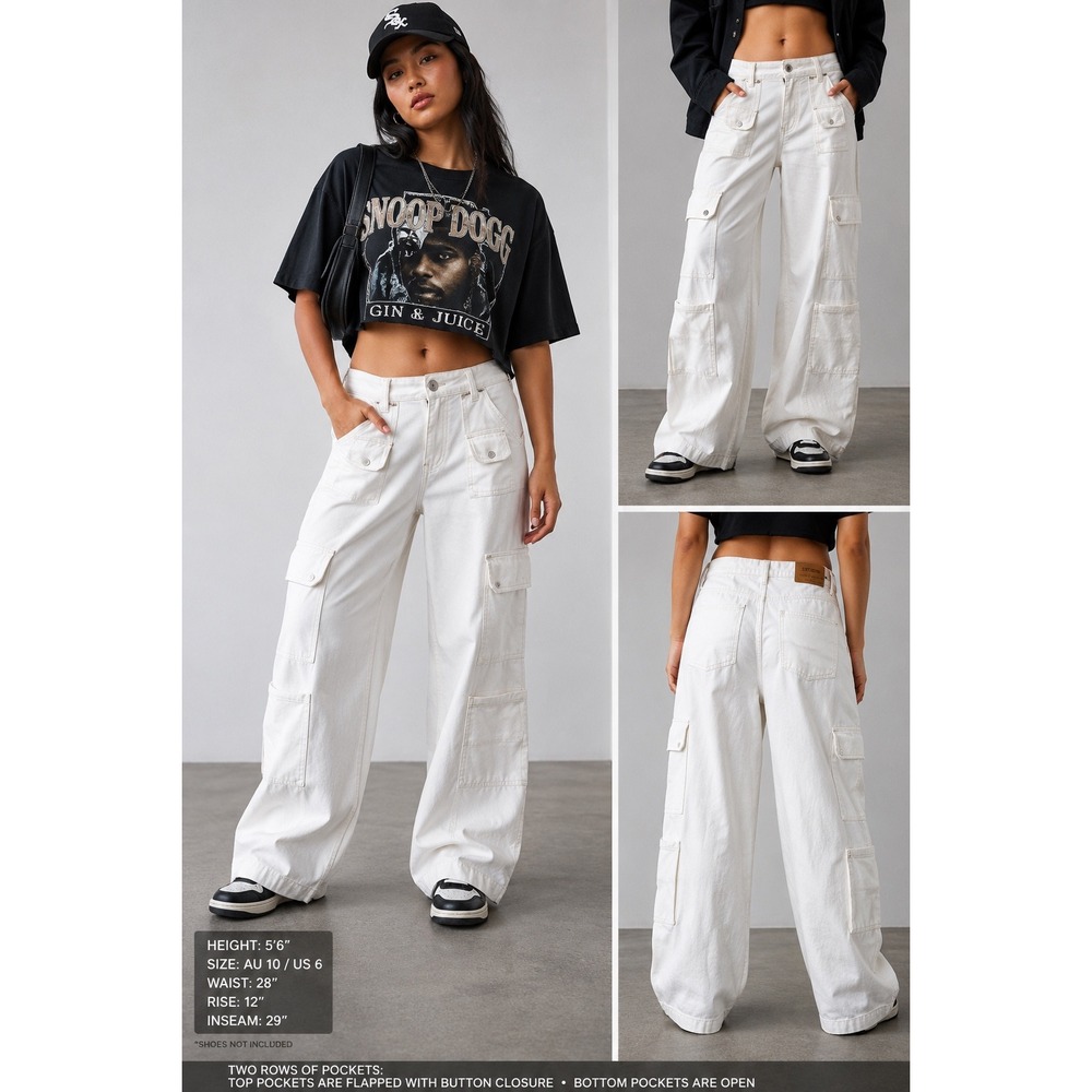 Cotton On White Cargo Jeans Women's 10 Wide Leg High Rise Utility Denim 28x29